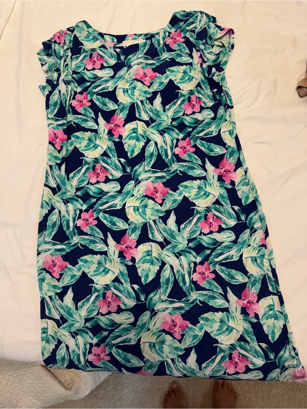 Tropical Floral Navy Shift Dress with Pink Blossoms